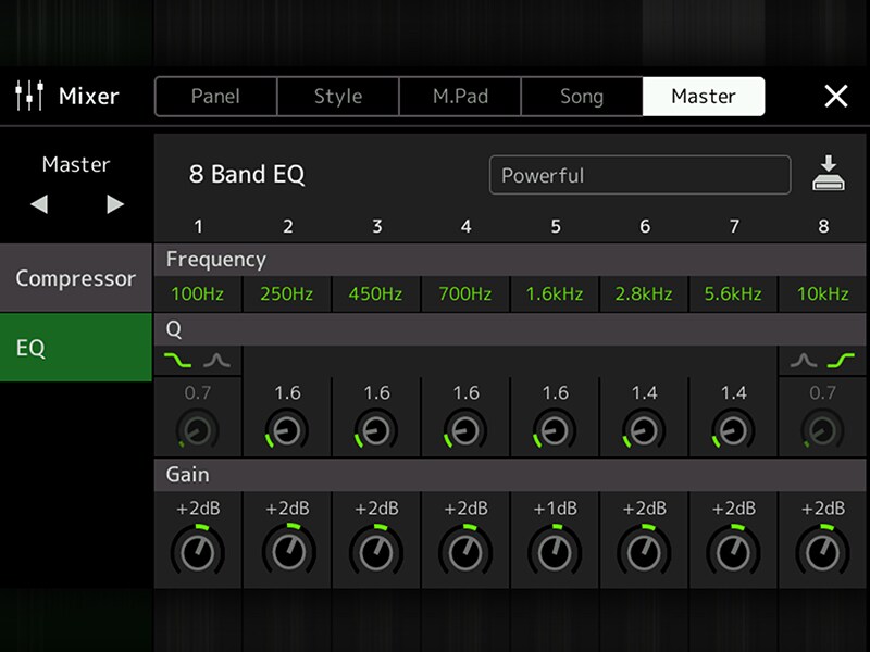 Pantalla de Master EQ del Yamaha Arranger Workstation PSR‑SX920/720+