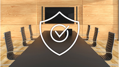 Illustration of a secure meeting room with a security icon, representing Enterprise Security and Smart Management