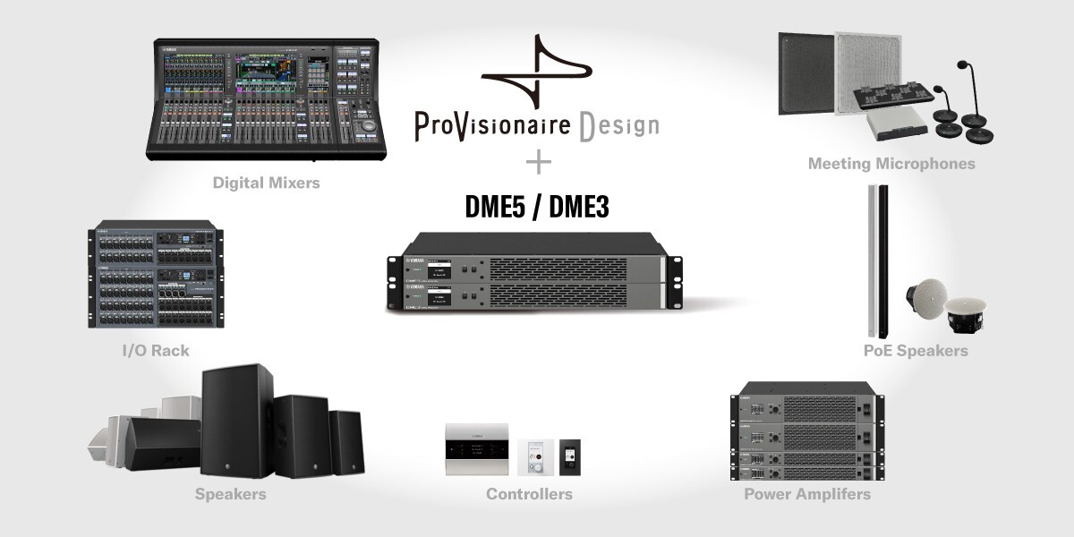 Ilustración que muestra DME5/DME3 y ProVisionaire Design funcionando juntos como el núcleo de un sistema, lo que permite configurar mezcladores digitales, racks de E/S, altavoces, controladores, amplificadores de potencia, altavoces PoE y micrófonos conectados desde una única ubicación.