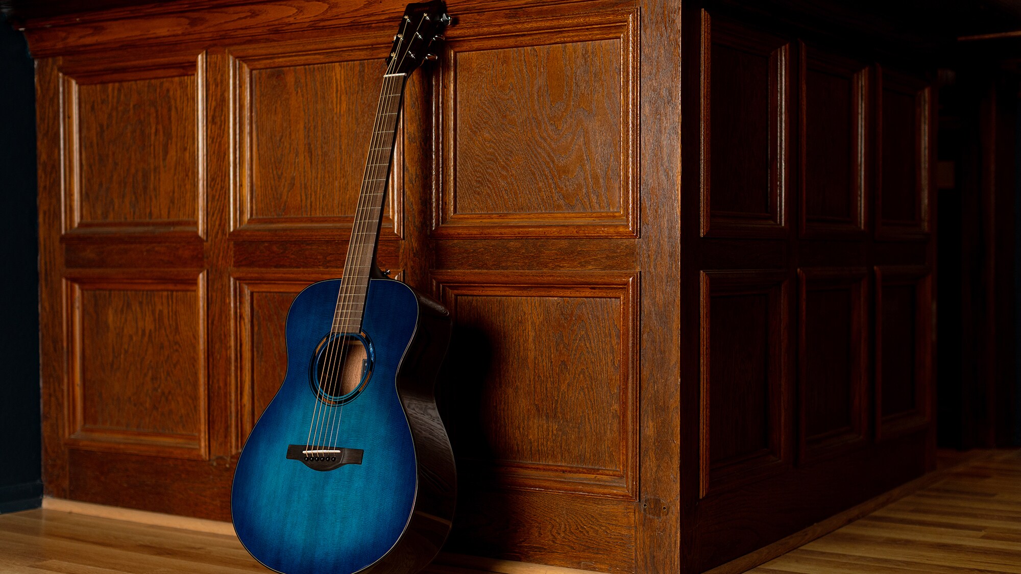 Una guitarra acústica TAS1 E apoyada en posición vertical contra una pared marrón en interiores