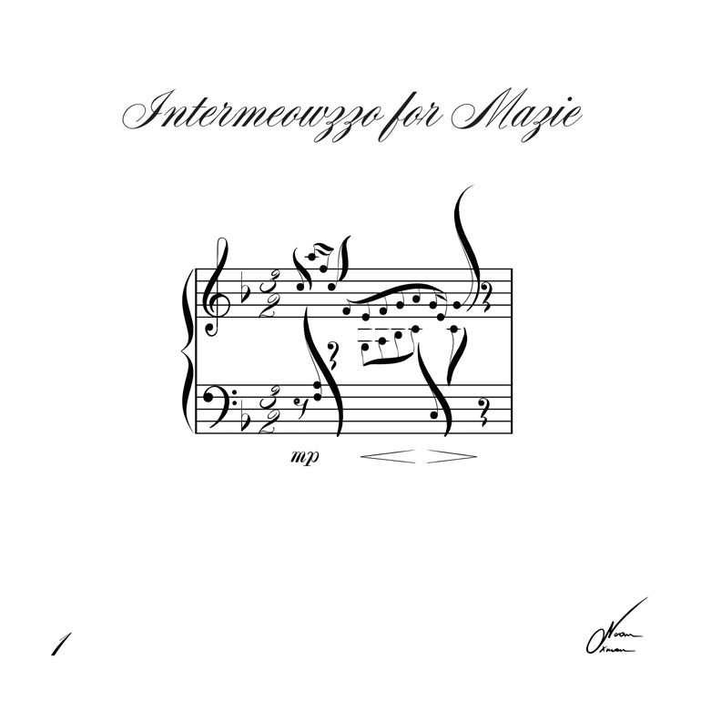 Partitura titulada "Intermeowzzo for Mazie", con las notas musicales dispuestas formando la silueta de un gato.
