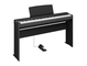 Diagonal side view of the P-225B (black model) in combination with the optional stand and metal sustain pedal