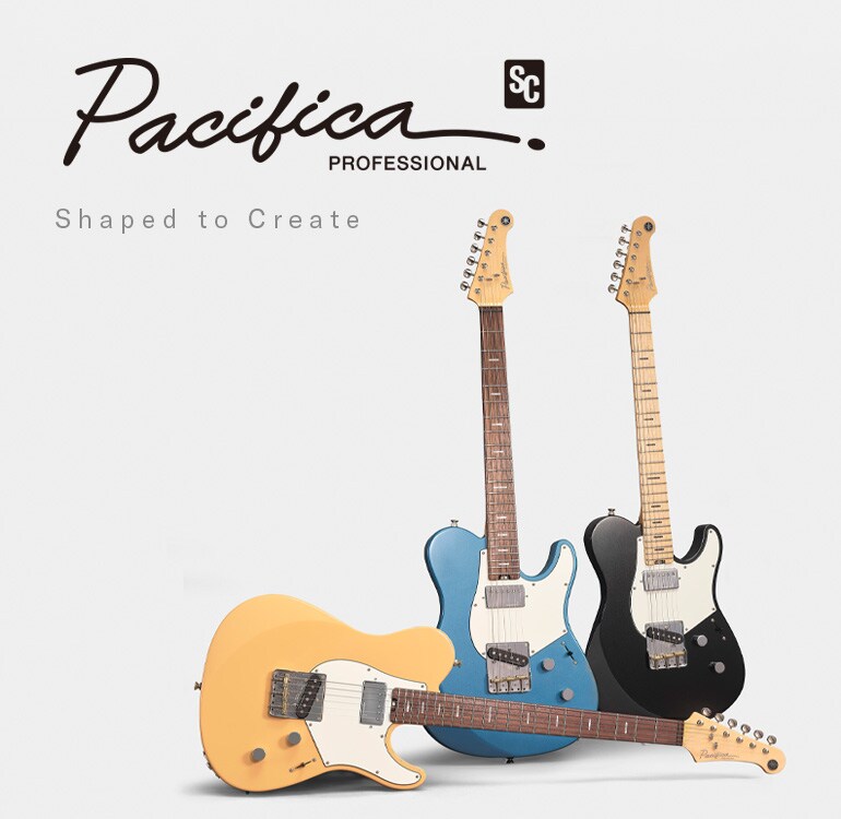 Fondo blanco. Izquierda: logotipo de Pacifica SC Professional y texto: "Designed to inspire". Derecha: 3 guitarras.