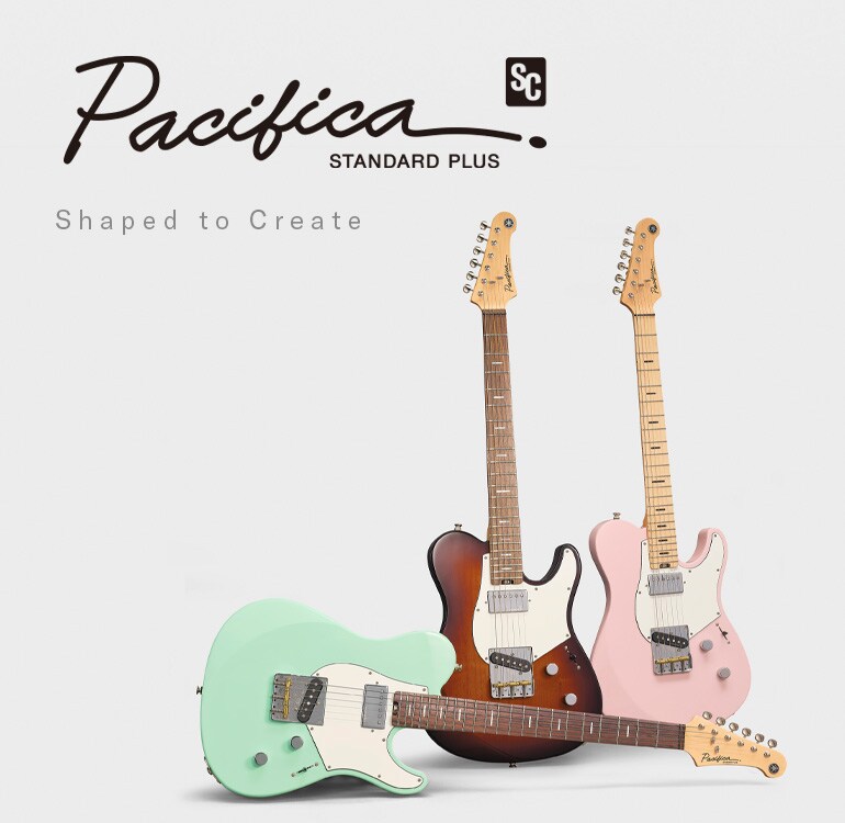 Fondo blanco. Izquierda: logotipo de Pacifica SC Standard Plus y texto: "Designed to inspire". Derecha: 3 guitarras.