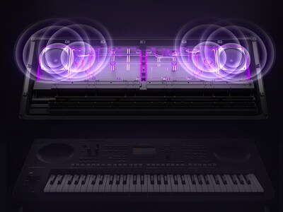 Vista transparente de una caja de altavoz que ilustra la vibración y la potente salida de sonido.