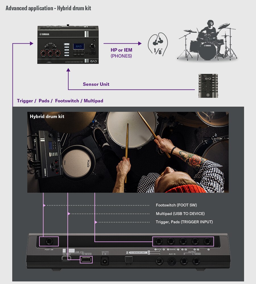 Diagrama que muestra una configuración ampliada del EAD20 con pads adicionales y entradas de trigger.