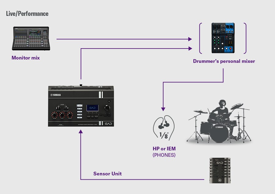 Diagrama que muestra el EAD20 conectado a un equipo de sonido en directo para actuaciones en directo y monitorización.
