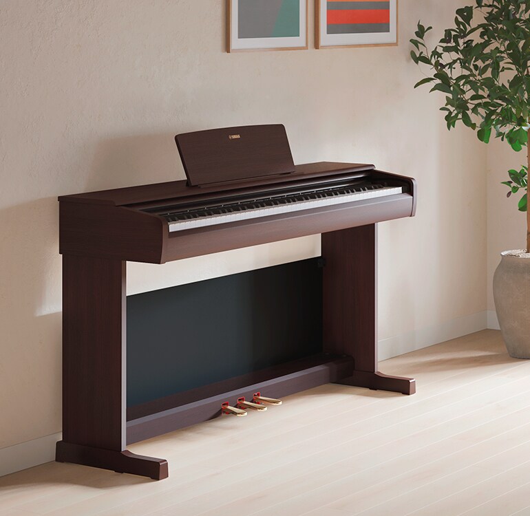 Un salón con un piano ARIUS, con plantas de interior y un sofá, integrado de forma armoniosa en la decoración