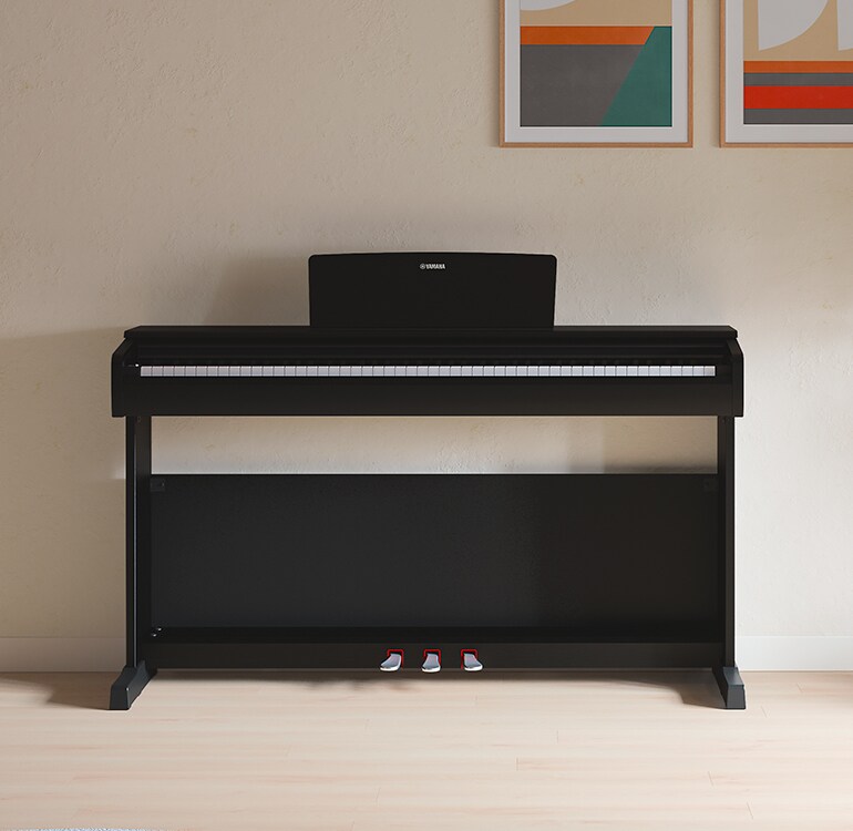 Un salón con un piano ARIUS negro, con plantas de interior y un sofá, integrado de forma armoniosa en la decoración