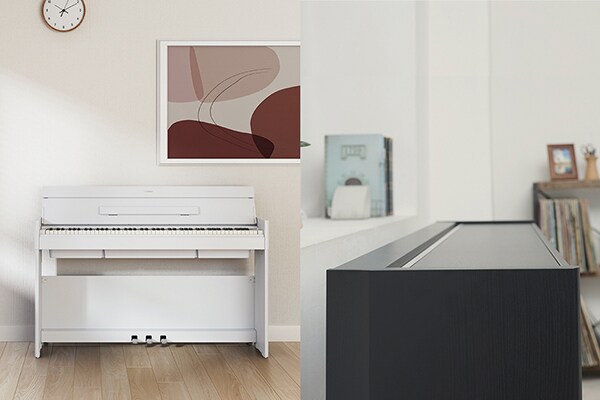 Un piano ARIUS integrado en el interior de un salón, y un piano ARIUS con un diseño más plano y compacto gracias a su tapa cerrada