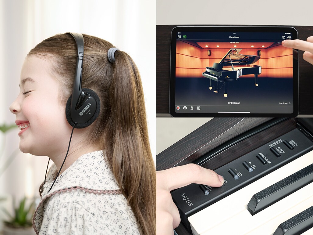 Practicar en el piano digital con auriculares, visualizar la pantalla de la aplicación Smart Pianist y grabar mediante los controles integrados del piano.