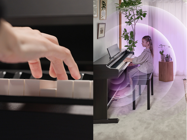 El tacto expresivo del nuevo teclado ARIUS y las ondas sonoras expandiéndose desde un piano ARIUS en un salón