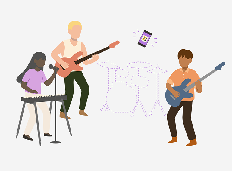 La aplicación de práctica musical Extrack sustituyendo a miembros de una banda que no han podido asistir a una sesión de ensayo.