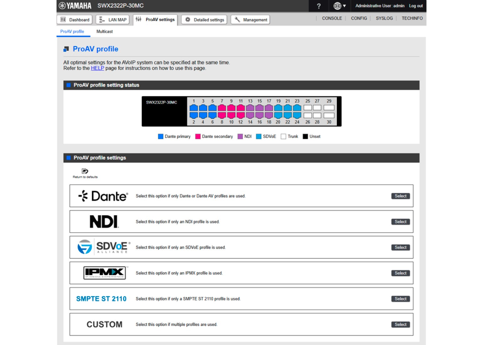 Configuración intuitiva mediante GUI con soporte para perfiles ST 2110 e IPMX