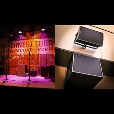 Two images: left shows live music stage inside Ernest Tubb Record Shop in Nashville; right shows two wall-mounted loudspeakers installed inside the venue