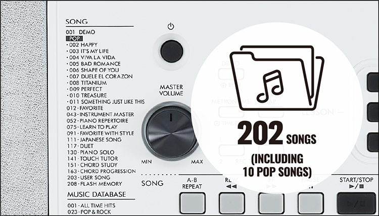 202 Canciones incorporadas, incluyendo 10 canciones Pop, y la posibilidad de añadir más canciones.