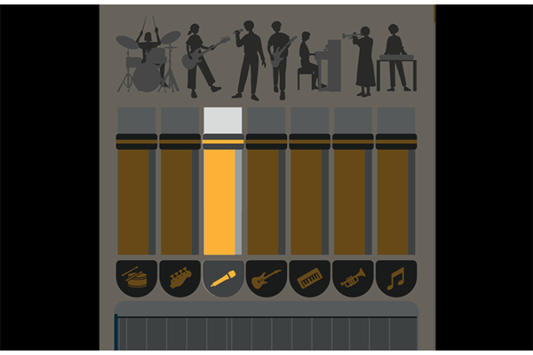Una captura de pantalla de una fuente de audio separada en diferentes partes, como guitarras, voces, batería, bajo, pianos e instrumentos de viento.