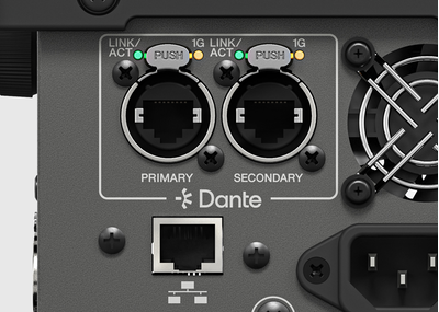 Puertos de red Dante y de control en el RUio1608SB-D